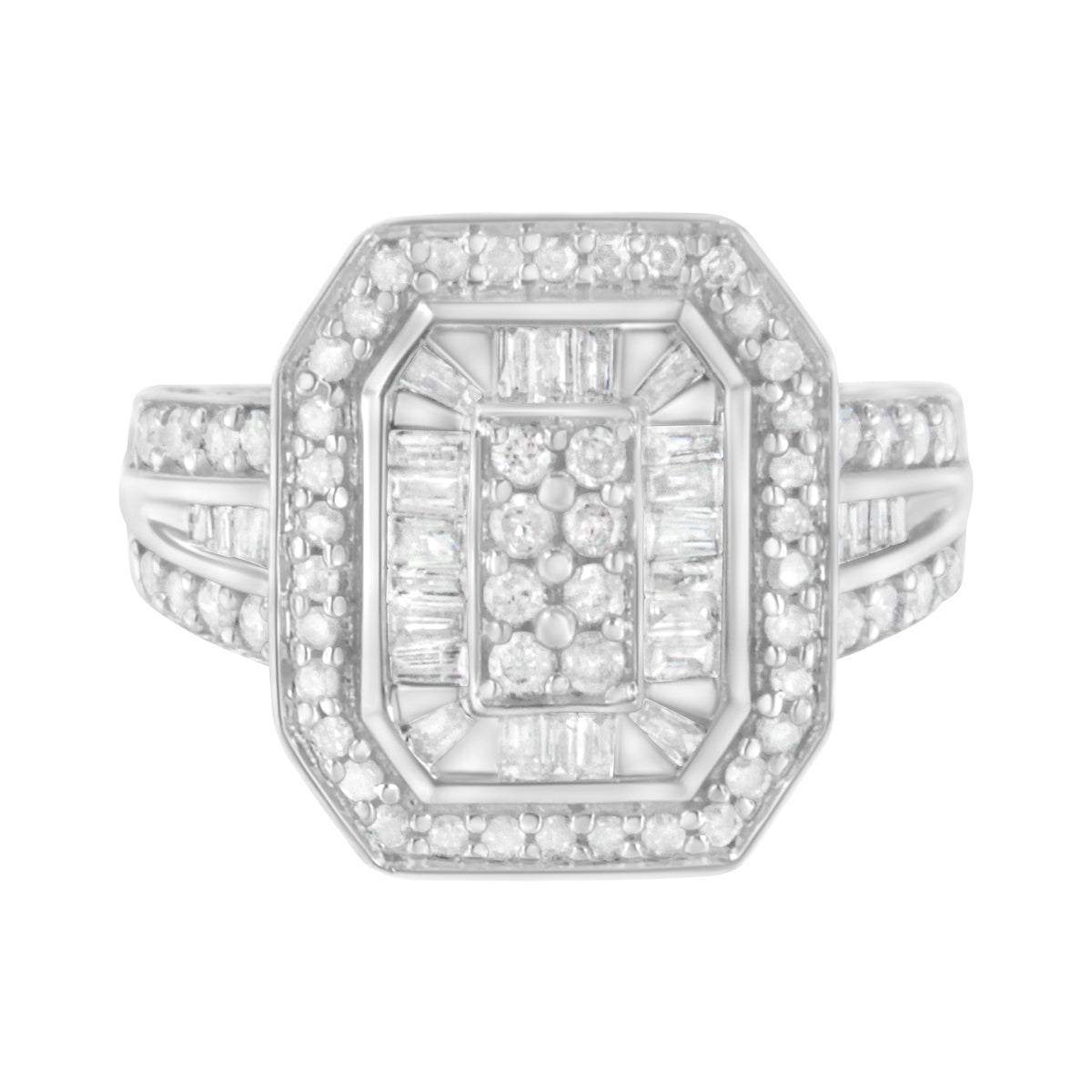 Anillo de plata de ley .925 con diamantes redondos y baguette en engaste catedral (0.75 Cttw, color H-I, claridad I2-I3) - Talla 7