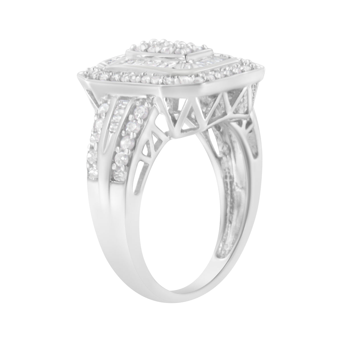 Anillo de plata de ley .925 con diamantes redondos y baguette en engaste catedral (0.75 Cttw, color H-I, claridad I2-I3) - Talla 7