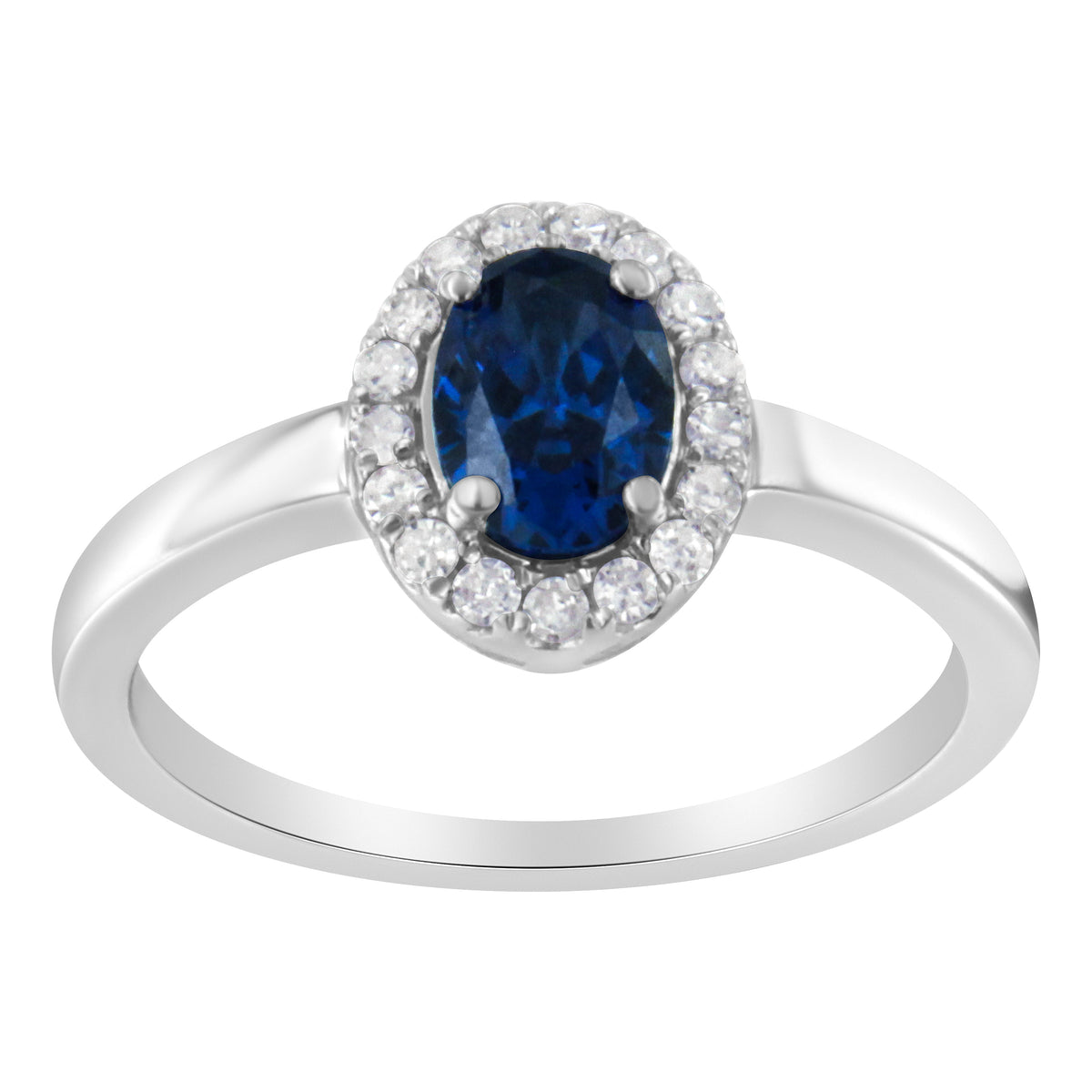 Anillo de cóctel de oro blanco de 10K, 1/5 quilates de diamante redondo y zafiro azul creado de 7MM engarzado con halo (color H-I, claridad I1-I2) - Talla 7