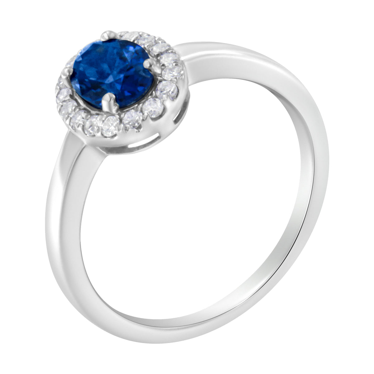 Anillo de cóctel de oro blanco de 10K, 1/5 quilates de diamante redondo y zafiro azul creado de 7MM engarzado con halo (color H-I, claridad I1-I2) - Talla 7