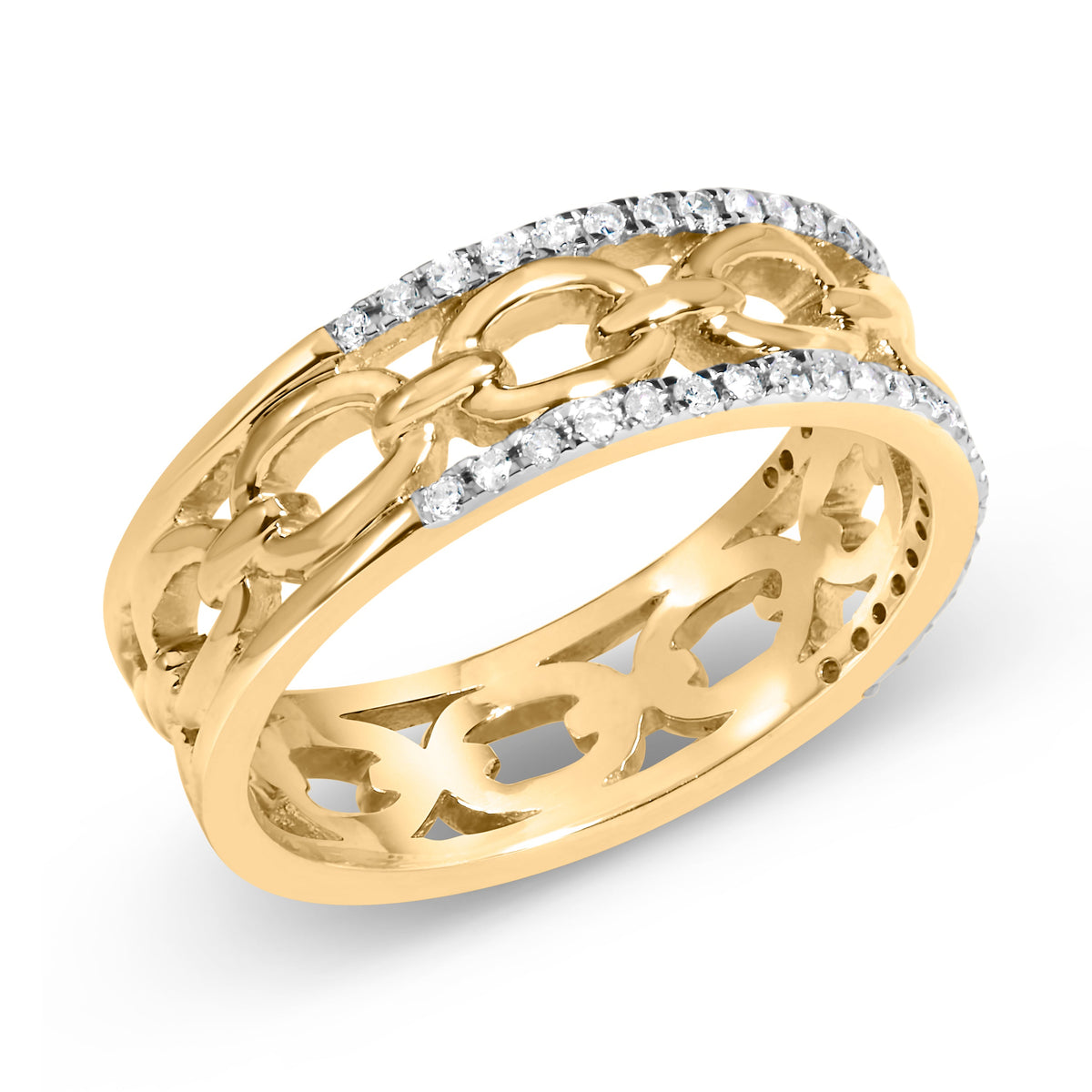 Anillo de oro amarillo de 10K con diamante de 1/5 Cttw, dos hileras y eslabón cubano (color I-J, claridad I2-I3) - Talla 7