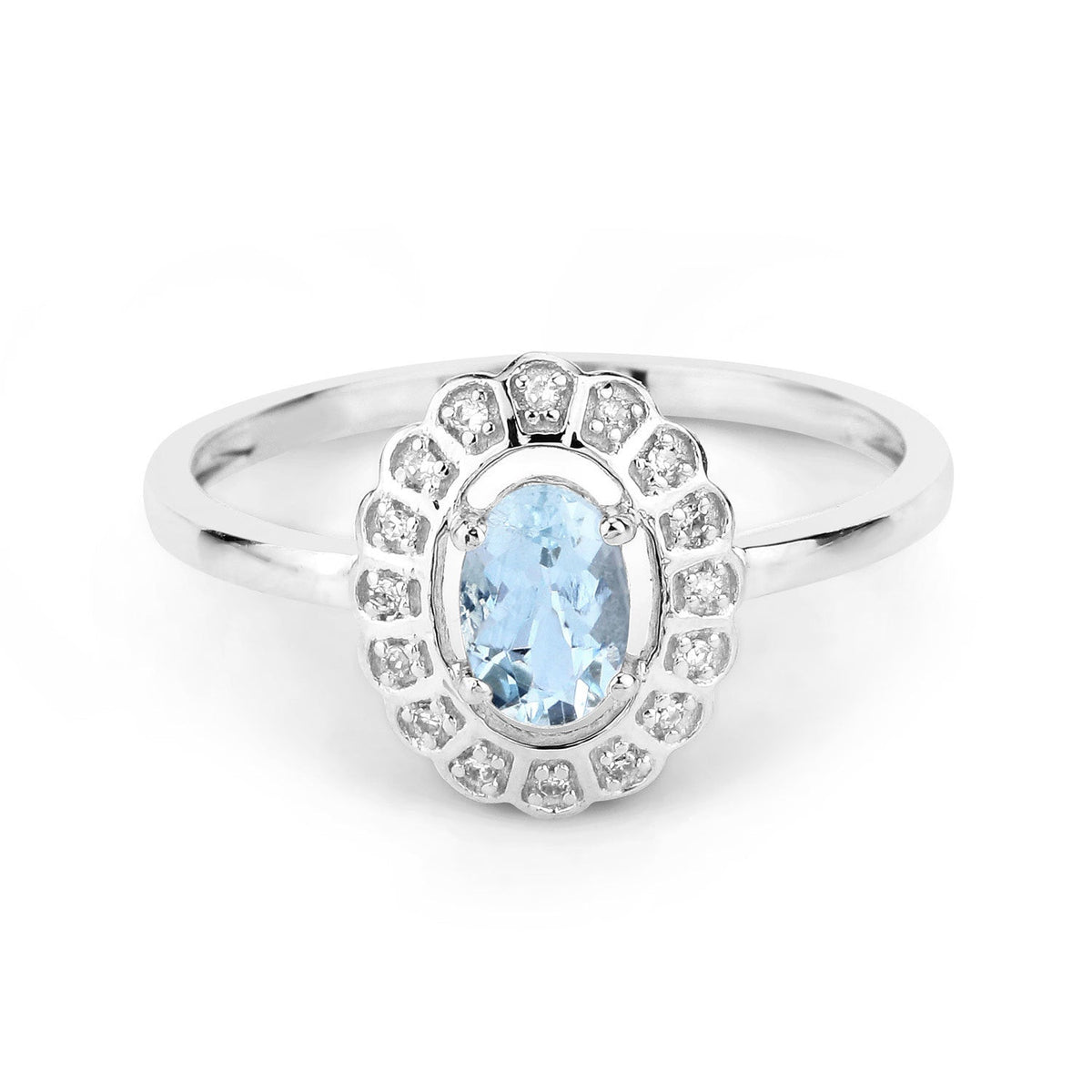 Anillo de oro blanco de 14 quilates con aguamarina auténtica de 0,44 quilates y diamantes blancos