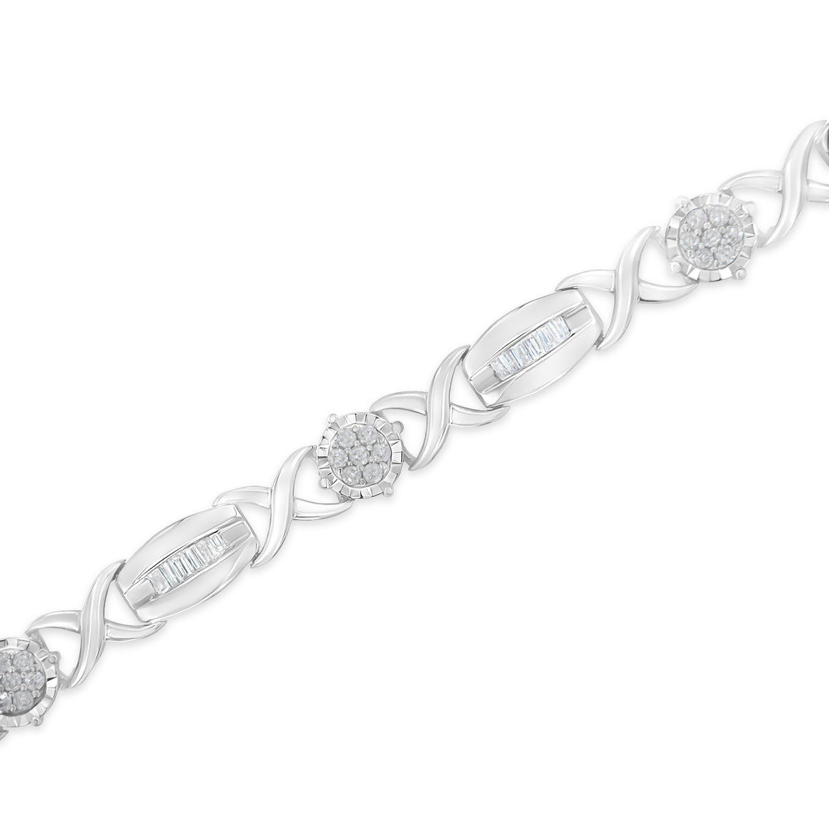 Pulsera de eslabones en X con diamantes de talla redonda y baguette de 1,0 Cttw en plata de ley .925 (color I-J, claridad I1-I2) - 7"
