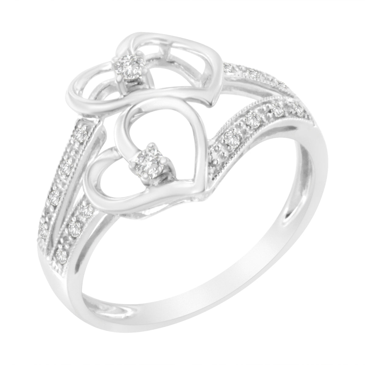 Anillo de oro blanco de 14 quilates con dos corazones y diamantes de 0,10 qt. - Talla 6,5