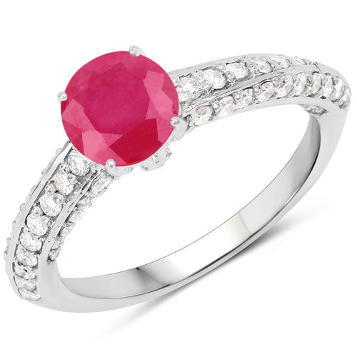 Anillo de oro blanco de 14 quilates con rubí genuino de 1,49 quilates y diamantes blancos (color I, claridad SI)