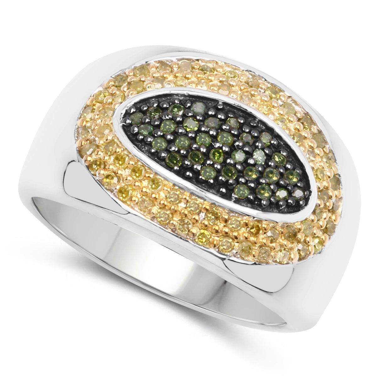 Anillo de plata de ley .925 con diamante verde genuino de 0,38 quilates y diamantes amarillos