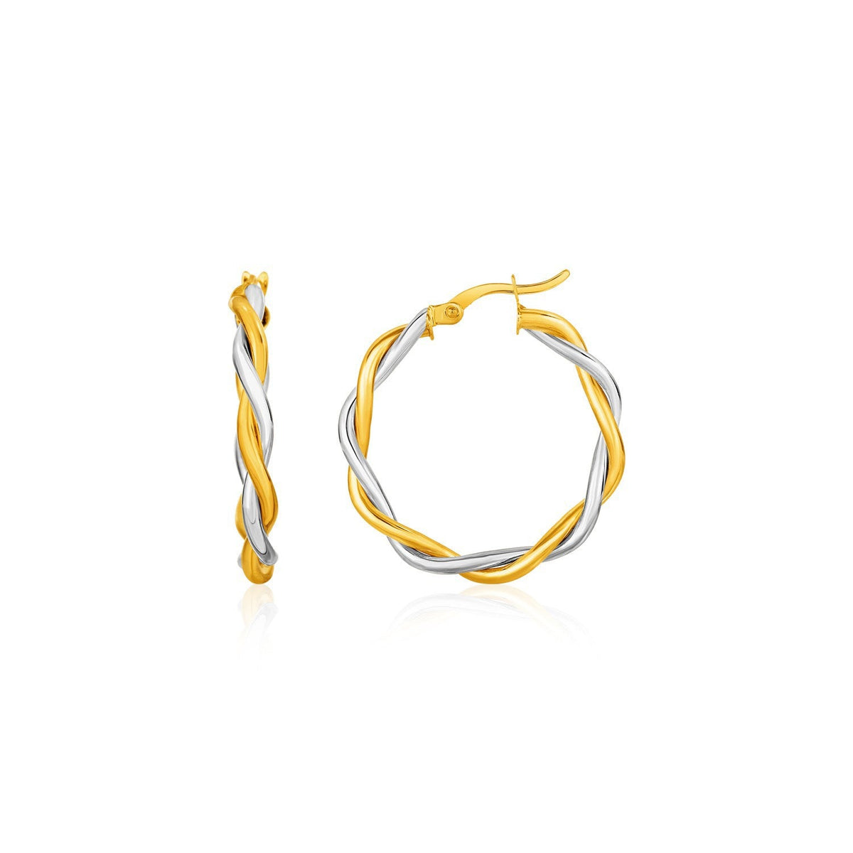 Aretes de aro redondos de alambre retorcido bicolor en oro amarillo y blanco de 10k