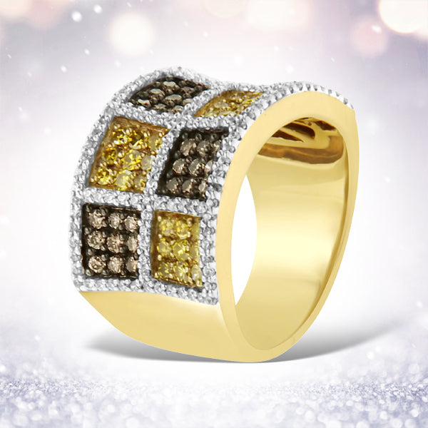 Anillo de oro amarillo de 14 K con diamantes redondos, amarillos y de color champán (1 1/2 ct. p.t., color H-I, claridad I1-I2)