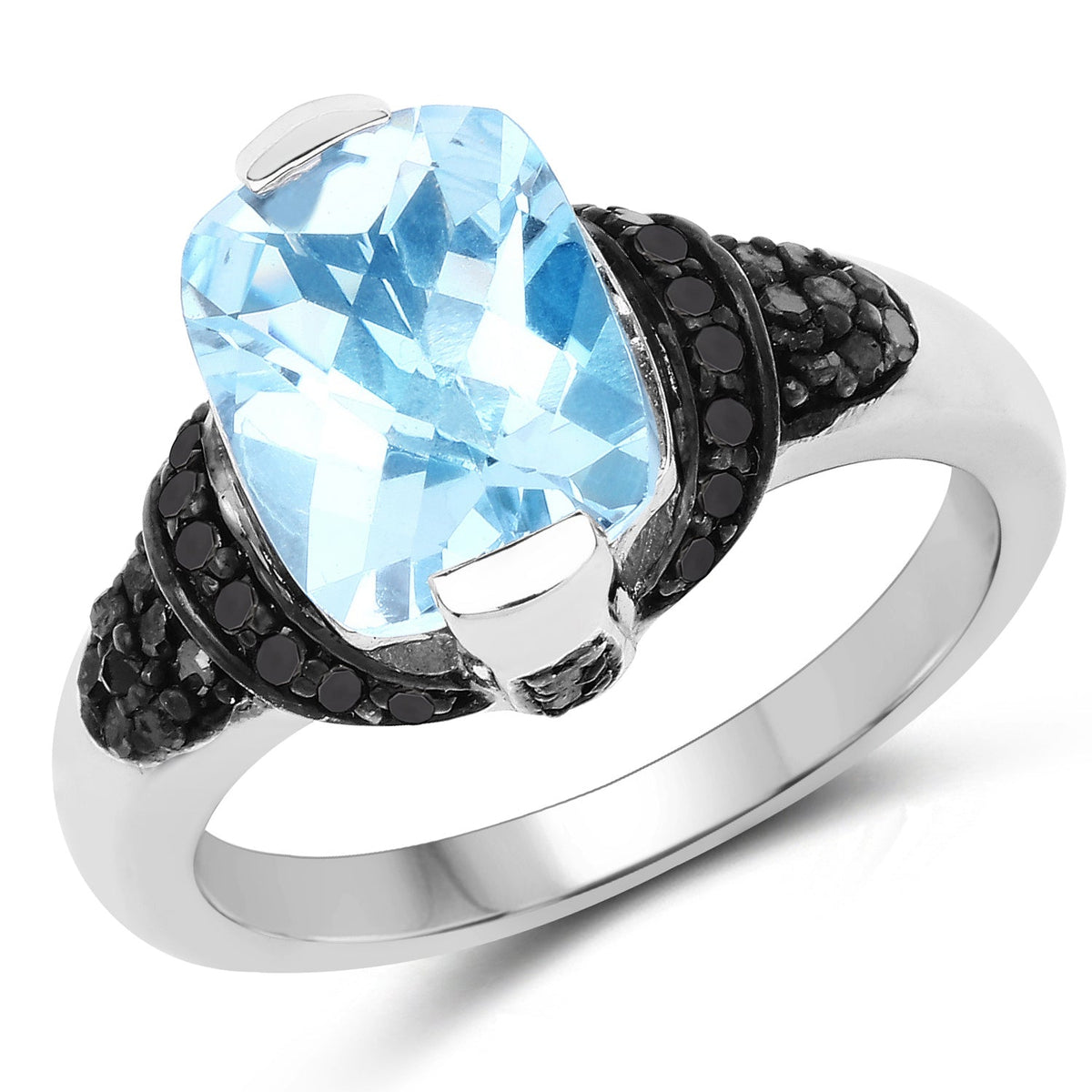 Anillo de plata de ley .925 con topacio azul suizo auténtico de 3.81 quilates, diamantes negros y diamantes blancos