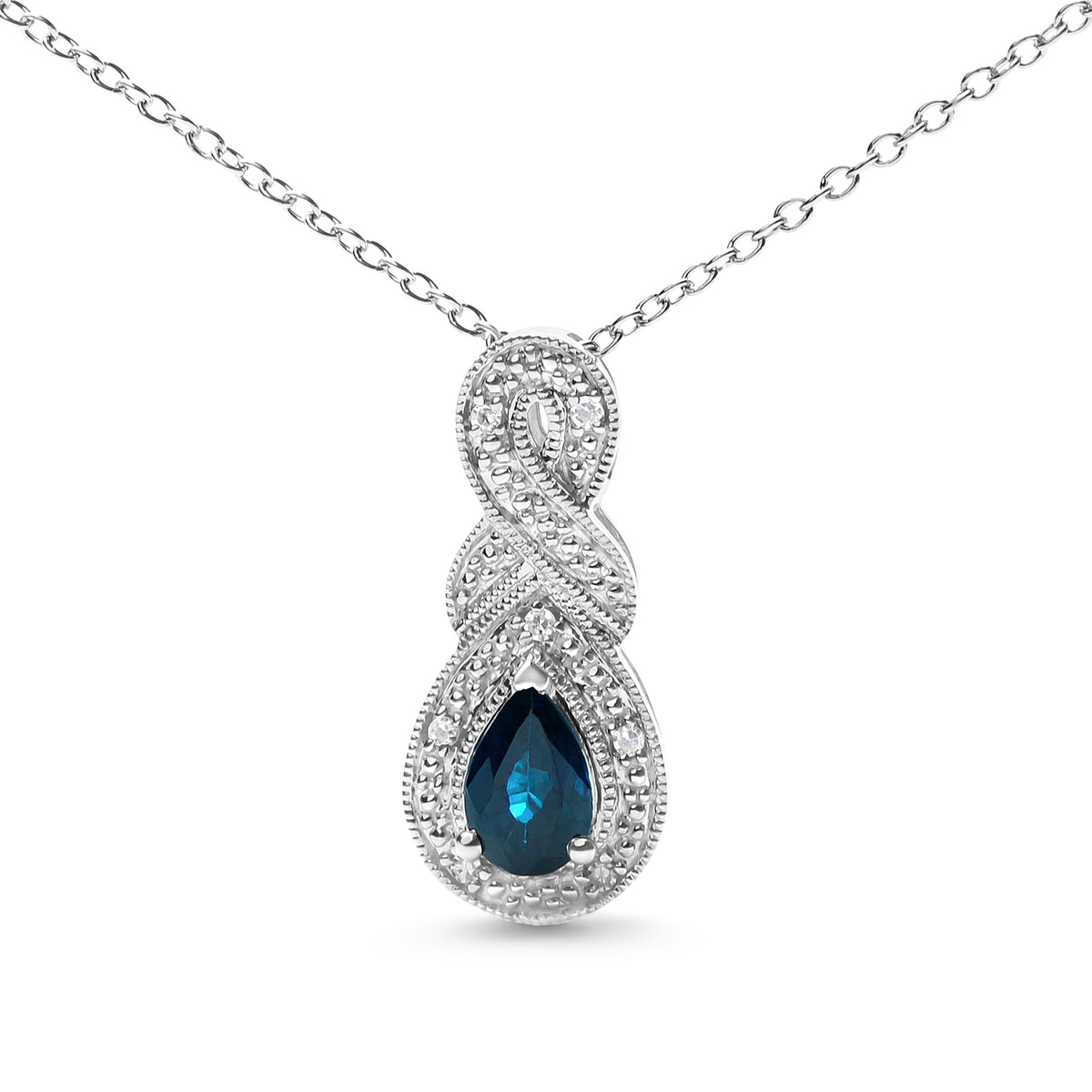 Collar con colgante de plata de ley .925 con forma de pera de 6x4 mm con zafiro y detalles de diamante en forma de infinito, 45 cm (color H-I, claridad SI1-SI2)