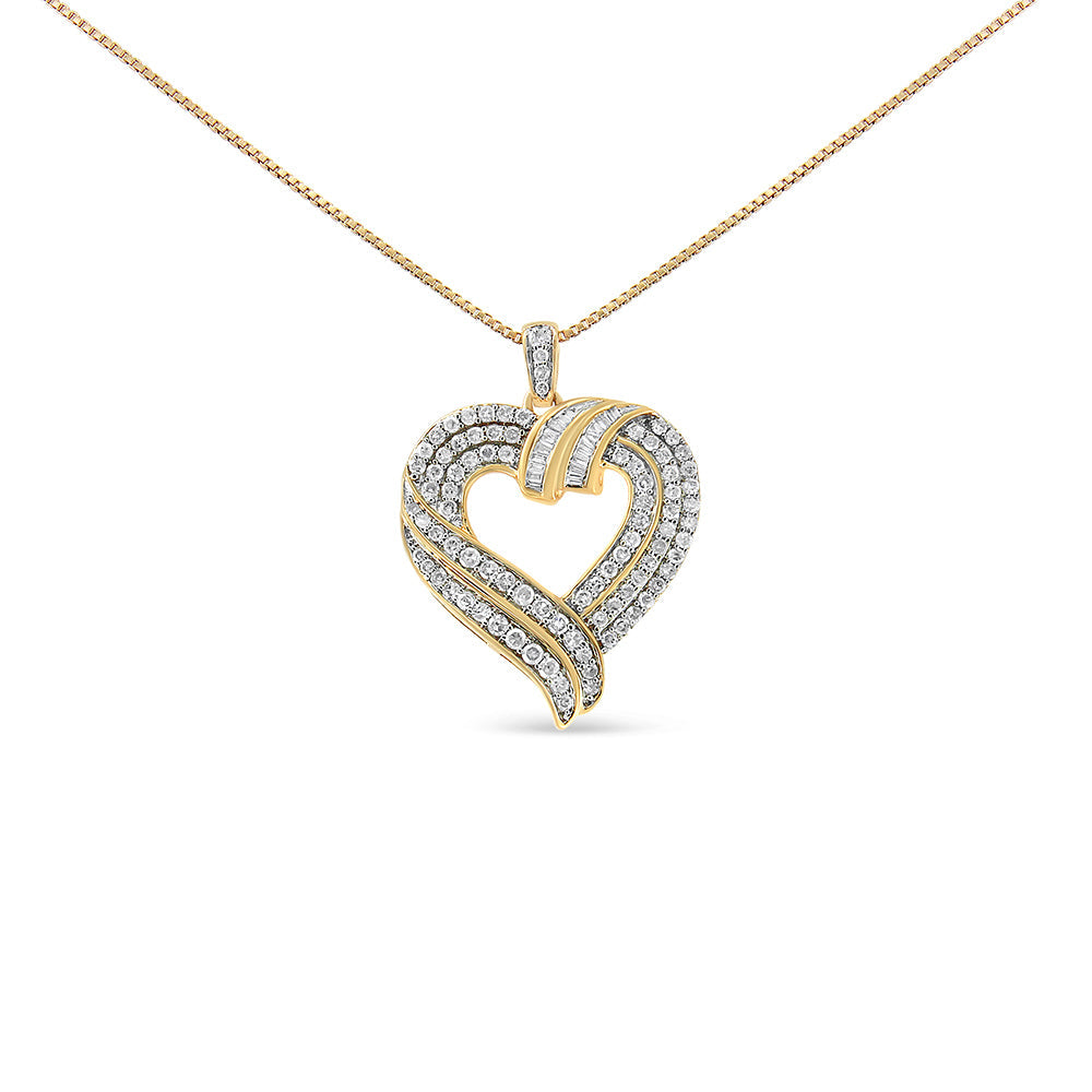 Collar con colgante de corazón abierto con diseño de diamante baguette de 1,00 Cttw en plata de ley .925 chapada en oro amarillo de 14K, 45,72 cm (color I-J, claridad I1-I2)