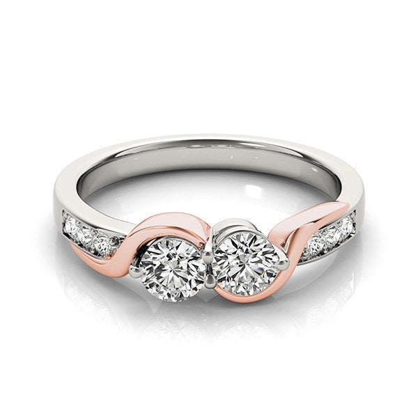 Anillo de banda curvada de dos diamantes redondos de oro blanco y rosa de 14k (5/8 ct. p.t.)