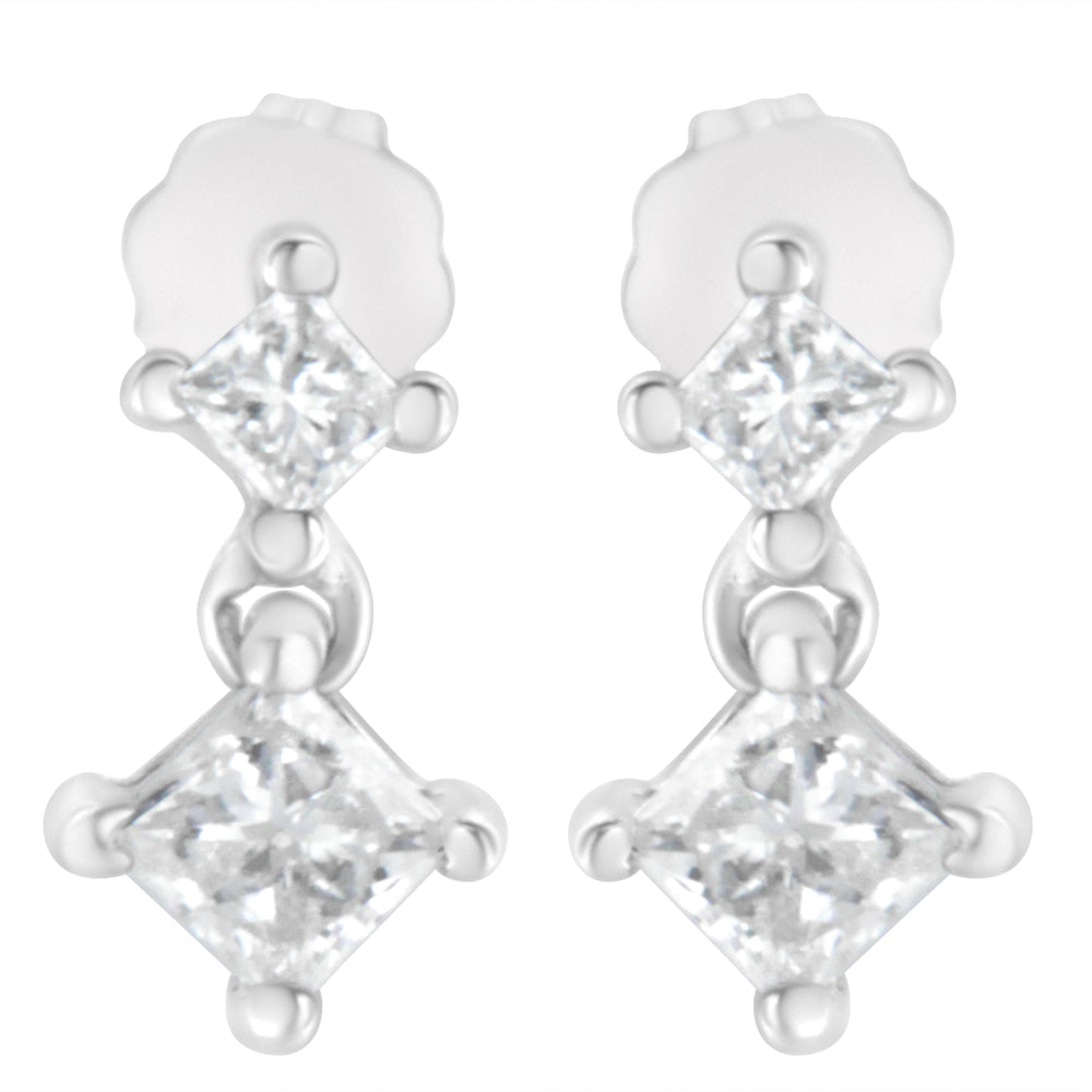 14K White Gold 3/4 cttw Double Diamond Princess-Cut Stud Earrings (I-J Clarity, I2-I3 Color)