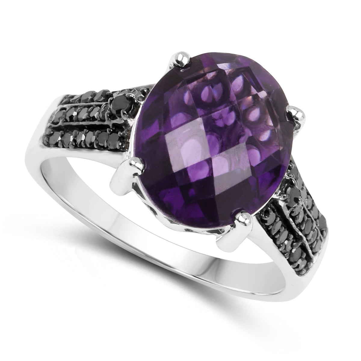 Anillo de plata de ley .925 con amatista genuina de 3,96 quilates y diamante negro
