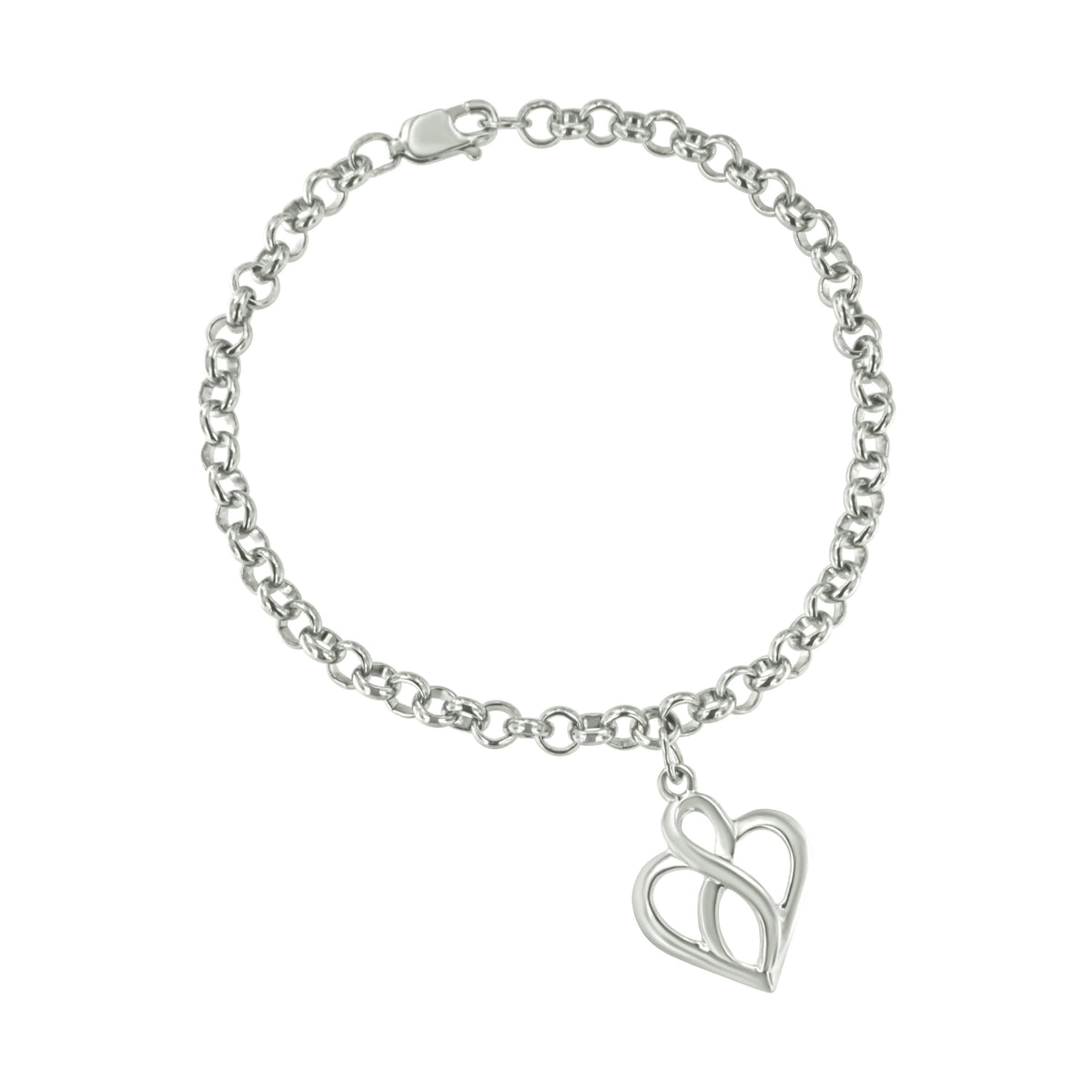 Pulsera con dije de cadena de plata esterlina .925 con corazón abierto e infinito vertical central - Talla 7"