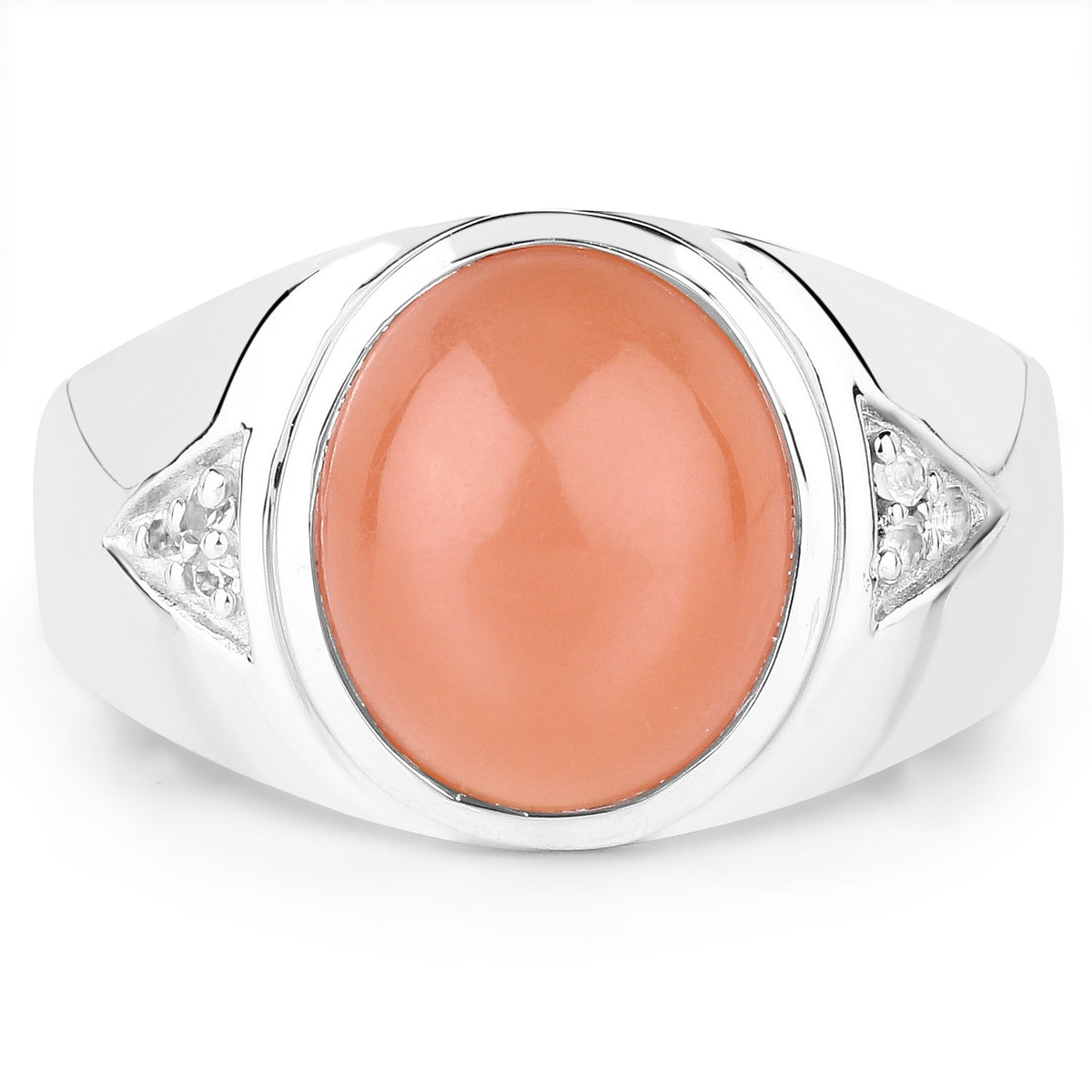 Anillo de plata de ley .925 con piedra lunar melocotón auténtica de 6.59 quilates y topacio blanco