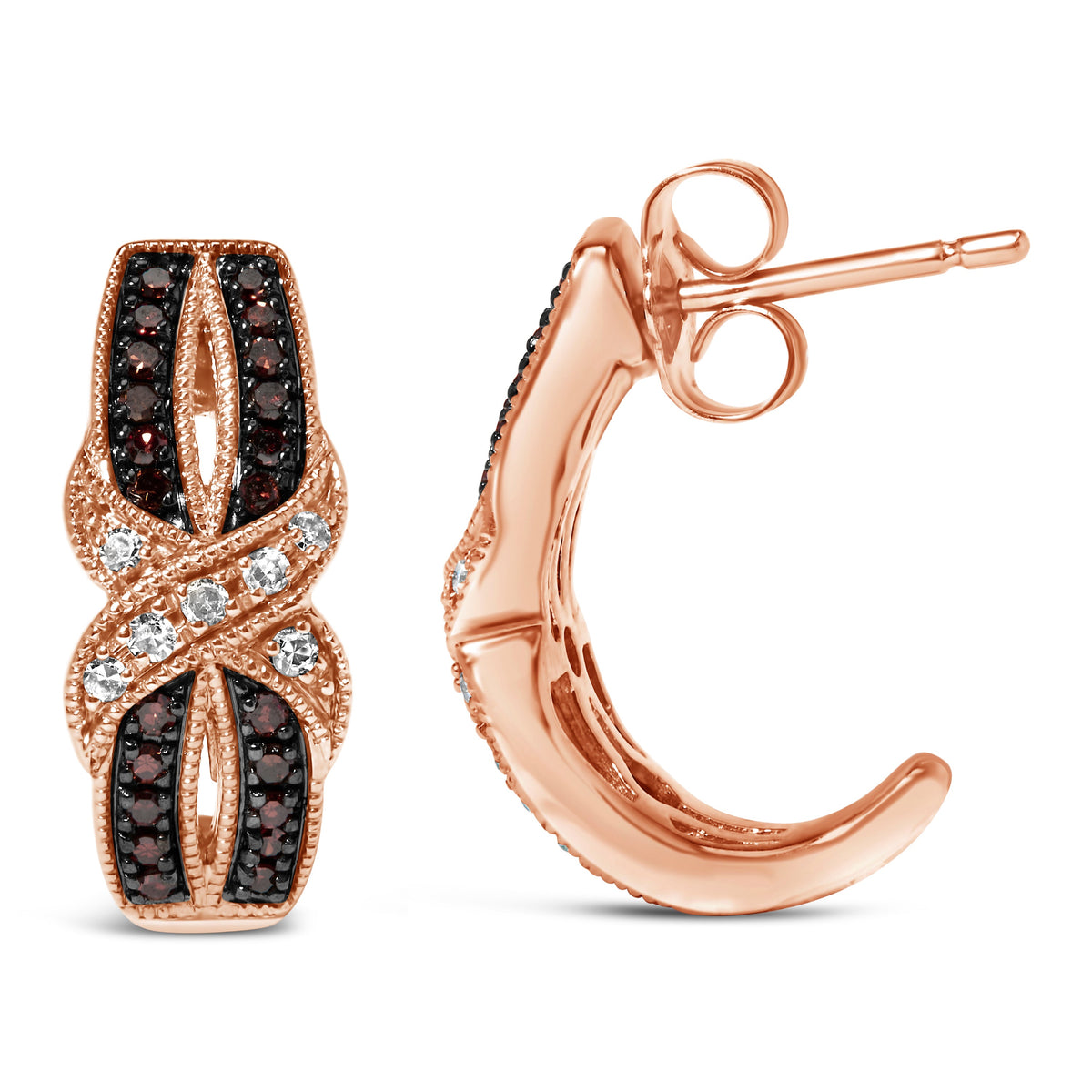 Pendientes de aro en J entrelazados con milgrain de oro rosa de 10K con diamantes blancos y marrones de 1/3 Cttw (color I-J, claridad I1-I2)