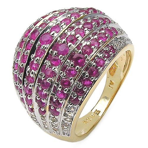 Anillo de plata de ley .925 con rubí genuino de 2,94 quilates y topacio blanco con baño de oro amarillo de 14 quilates