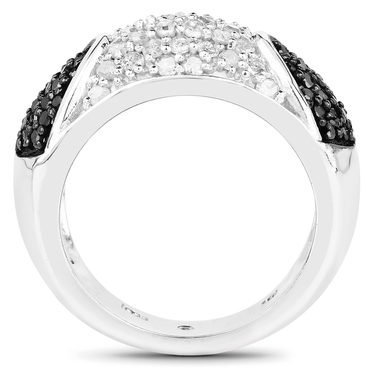 Anillo de Plata Fina .925 con Diamantes Genuinos Negros y Blancos de 0.99 Quilates
