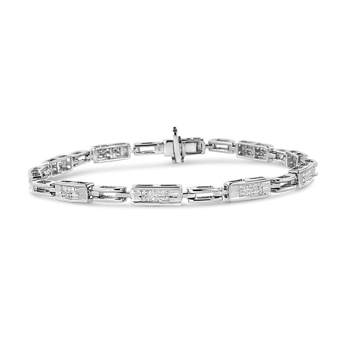 Pulsera de tenis de oro blanco de 14 quilates con diamantes de corte princesa de 1,0 quilates engastados invisibles, estaciones alternas y eslabones (color I-J, claridad I1-I2) - Tamaño 7,25" pulgadas