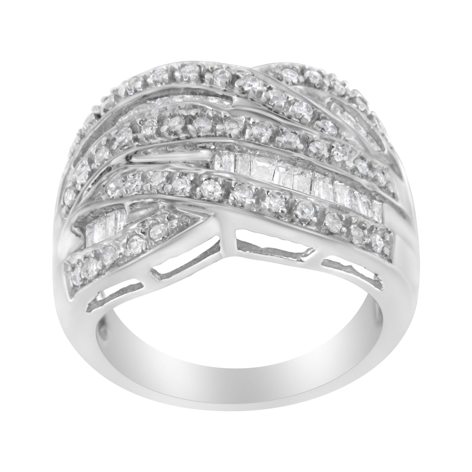 Anillo de plata de ley .925 de 1.0 Cttw con canal, diamantes redondos y baguette alternados, diseño cruzado (color I-J, claridad I2-I3) - Talla 7