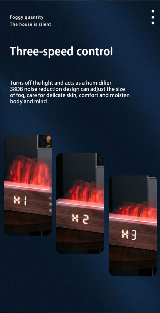 Flame Humidifier & Clock - Diffuser with Humidity Display - LED Light Fire Effect