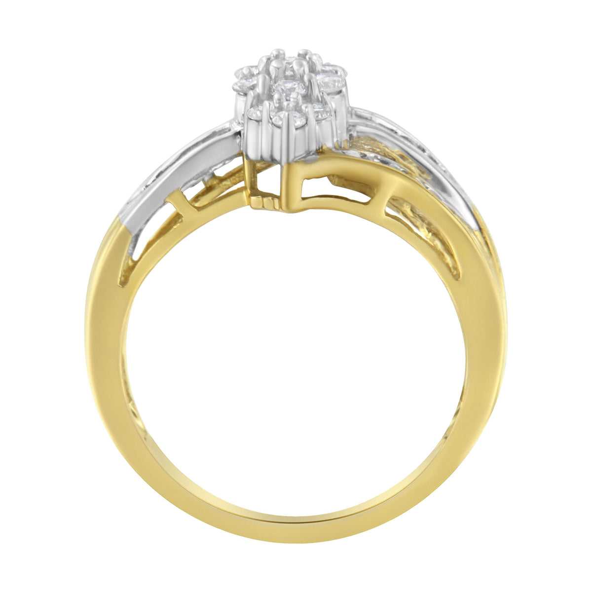 Anillo de racimo con forma de marquesa de diamante de 1/2 quilate de oro amarillo y blanco de 10 quilates con vástago dividido (color H-I, claridad SI2-I1) - Talla 7