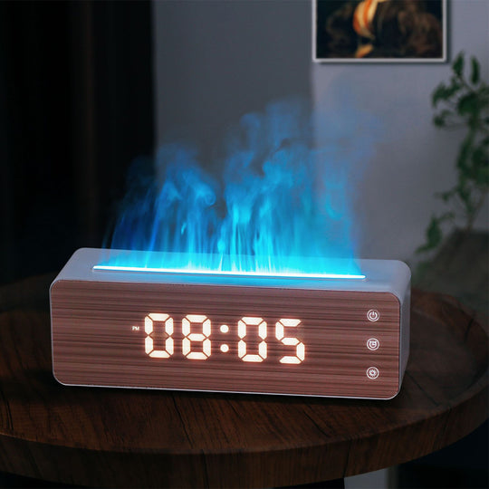 Flame Humidifier & Clock - Diffuser with Humidity Display - LED Light Fire Effect