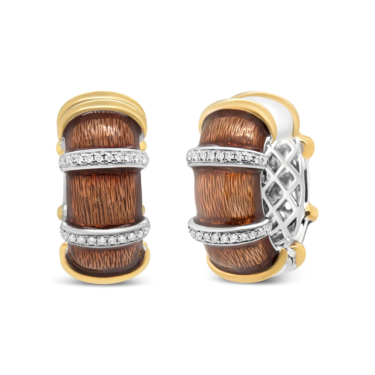 Pendientes de aro Huggie de plata de ley .925 con baño de oro amarillo y blanco de 18 quilates, esmalte marrón transparente y diamantes redondos de 9/10 Cttw (color F-G, claridad VS1-VS2)