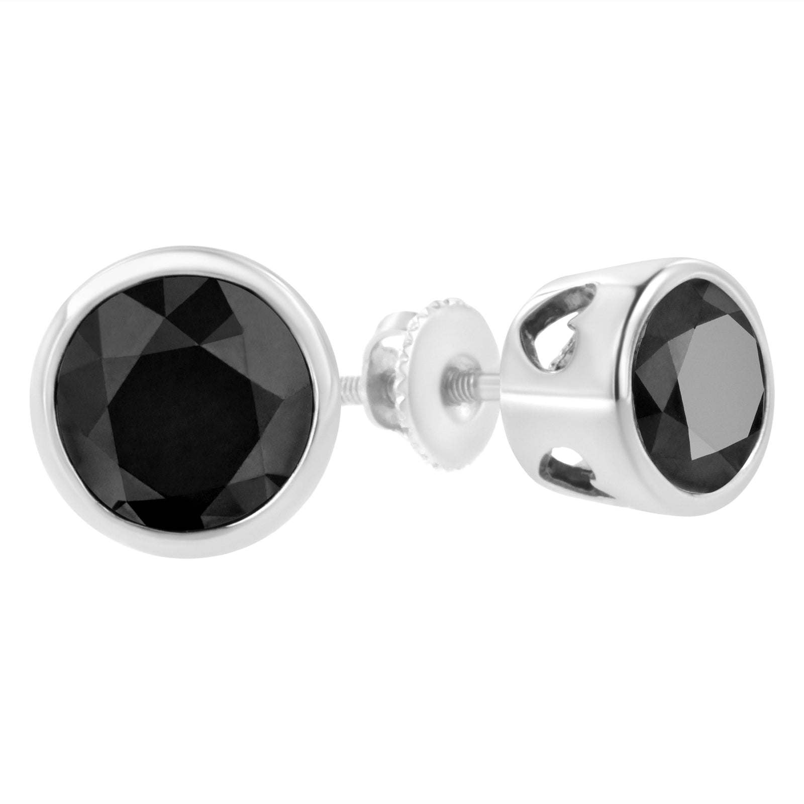 Pendientes de Plata Fina .925 con Diamantes Negros de 4.00 Qts. Talla Brillante Redonda, Engastados en Bisel, con Cierre de Rosca (Color Fantasía Mejorado, Claridad I2-I3)