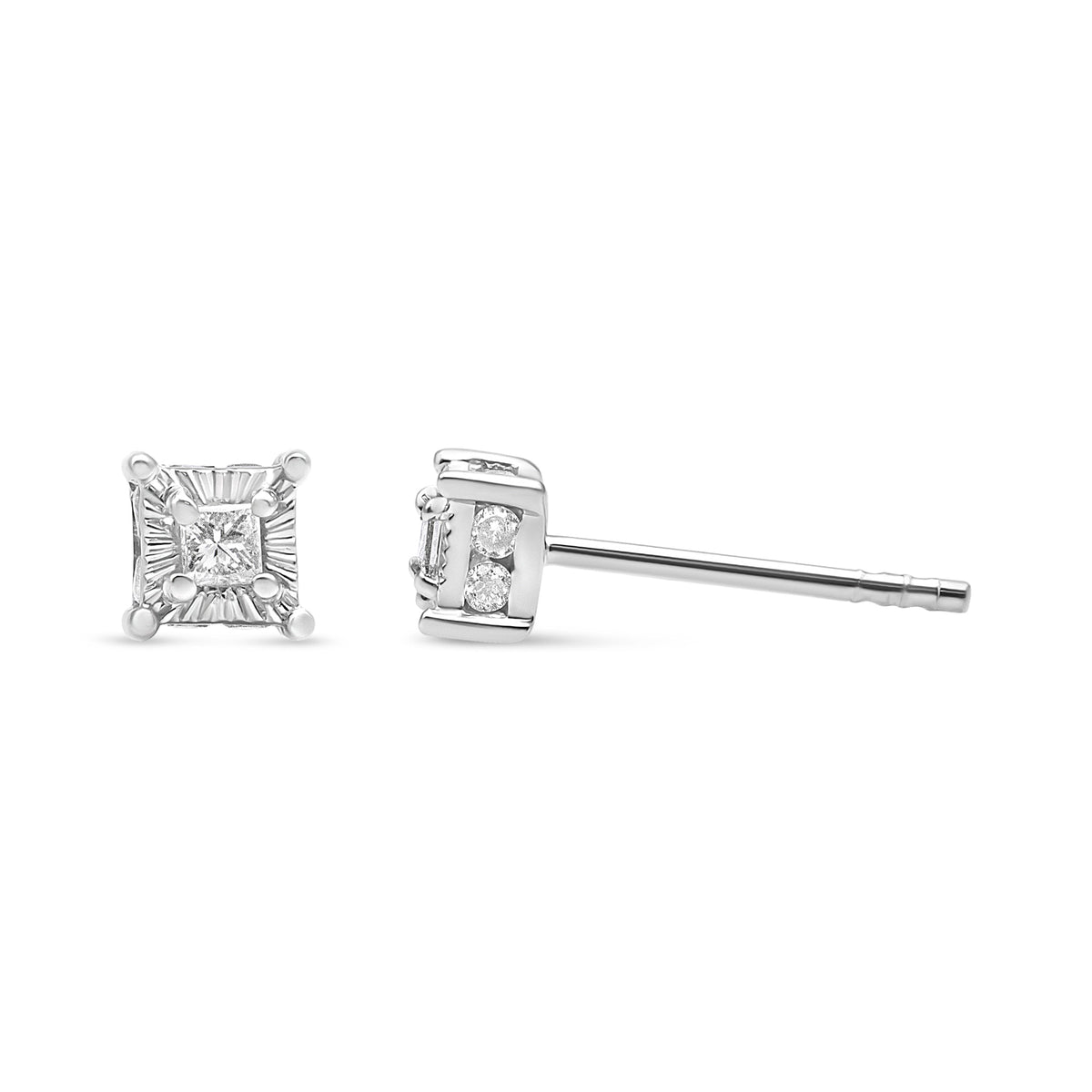 Pendientes solitario de plata de ley .925 de 1/4 quilate de diamantes de talla princesa con engaste "milagro" y halo oculto (color I-J, claridad SI2-I1)