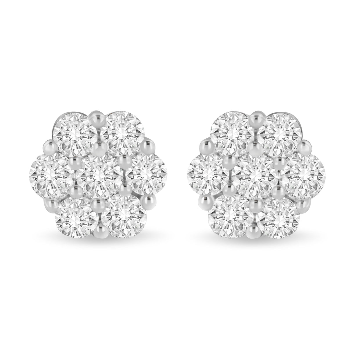 Pendientes de botón con forma de flor y diamantes redondos de 3 ct en total engarzados con puntas, oro blanco de 14 K (color I-J, claridad SI1-SI2)
