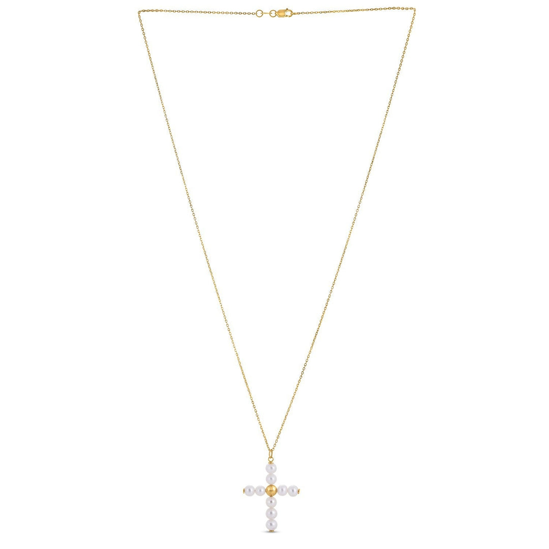 14k Yellow Gold Pearl Cross Pendant