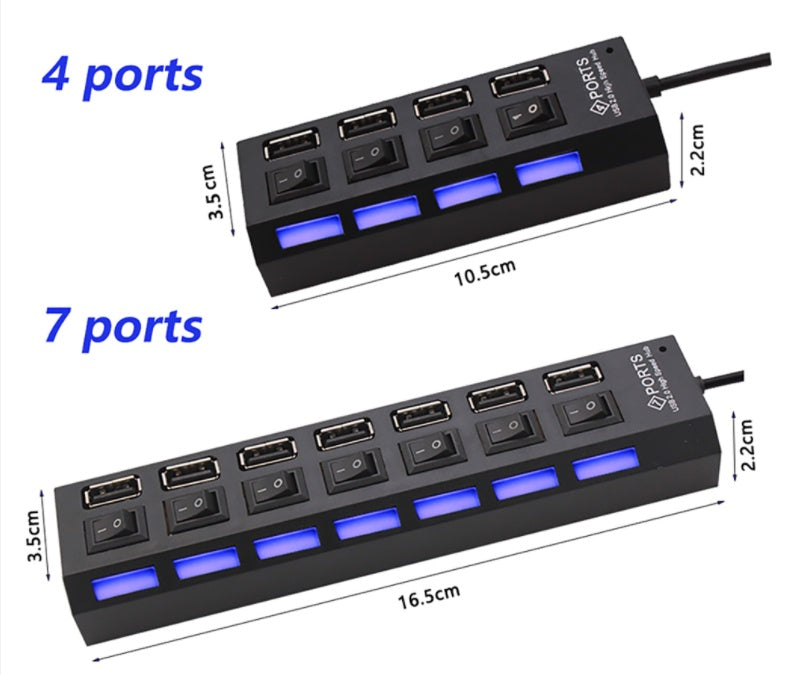 Versatile 7-Port USB 2.0 Hub with Each Port Independent Switch On/Off Control (4-Port Optional)