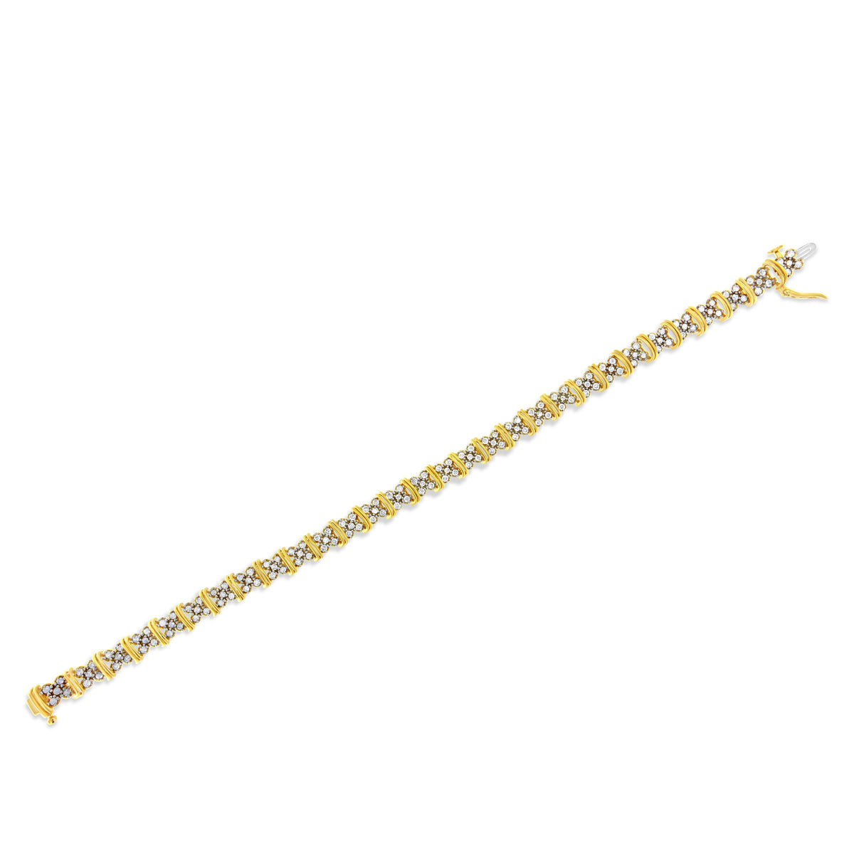 Pulsera de eslabones en forma de "X" con racimo de diamantes redondos de 2.0 quilates en total, plata de ley .925 bañada en oro amarillo de 10K (color H-I, claridad I3) - 7"