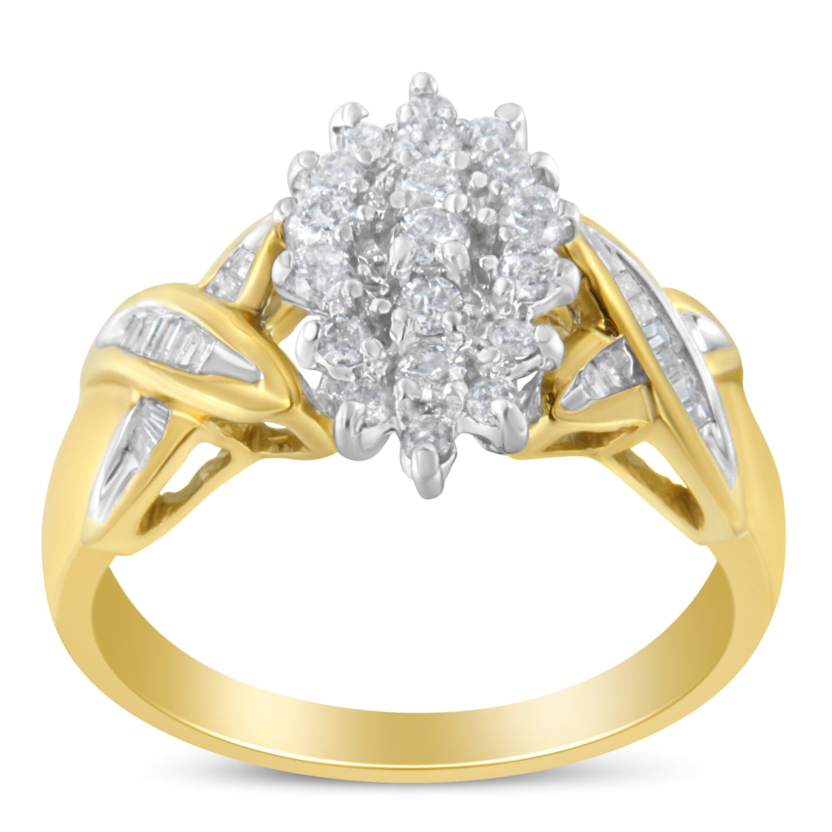 Anillo de oro amarillo de 10K con diamantes redondos y talla baguette (1/2 Cttw, color H-I, claridad I1-I2) - Talla 6