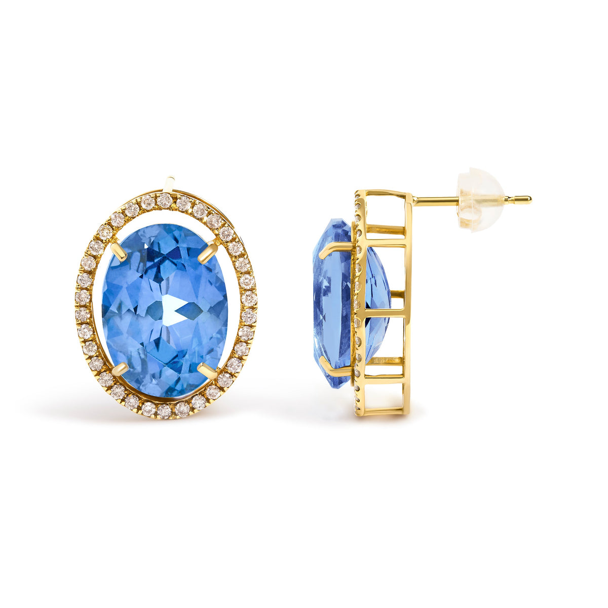 18K Yellow Gold 11x14MM Blue Fluorite Oval Stud Earrings with 1/2 Cttw Diamond Halo - imagen 3 de 3
