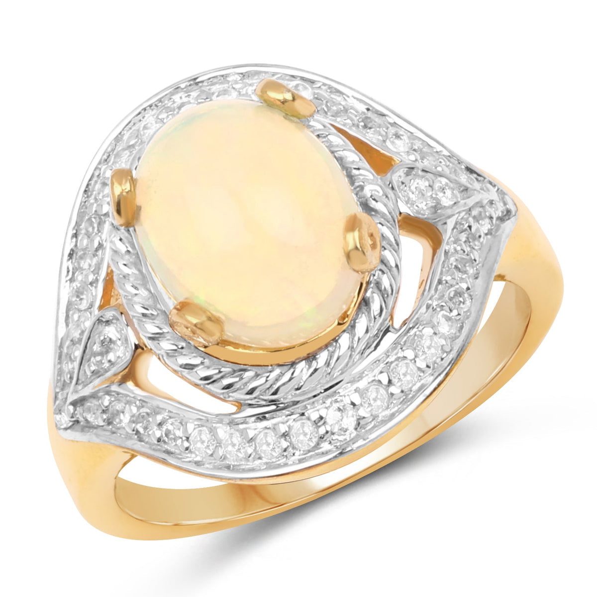 Anillo de plata de ley 925 chapado en oro amarillo de 14 quilates con ópalo etíope auténtico de 1,88 quilates y topacio blanco