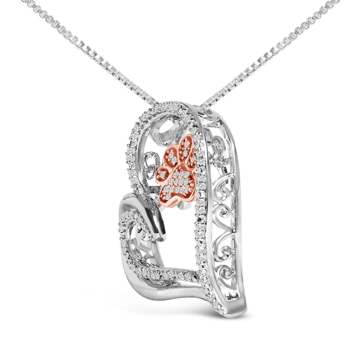 Collar con colgante de pata y corazón de diamante de 1/10 Cttw en plata de ley chapada en oro rosa de 14 quilates