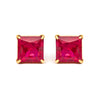 18K Yellow Gold 7x7 MM Created Red Ruby Princess Cut Solitaire Stud Earrings