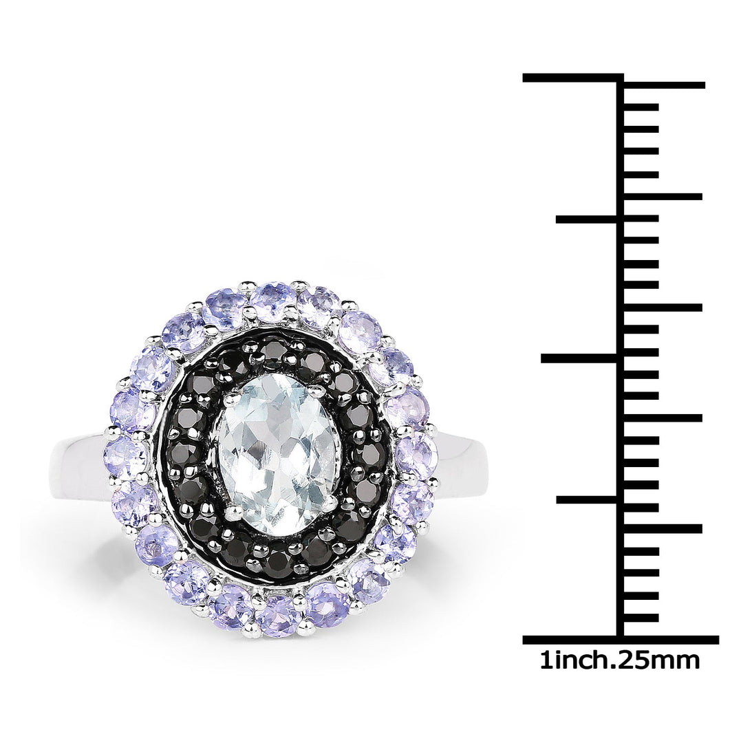 Anillo de Plata de Ley .925 con Aguamarina Genuina de 1,77 Quilates, Espinela Negra y Tanzanita