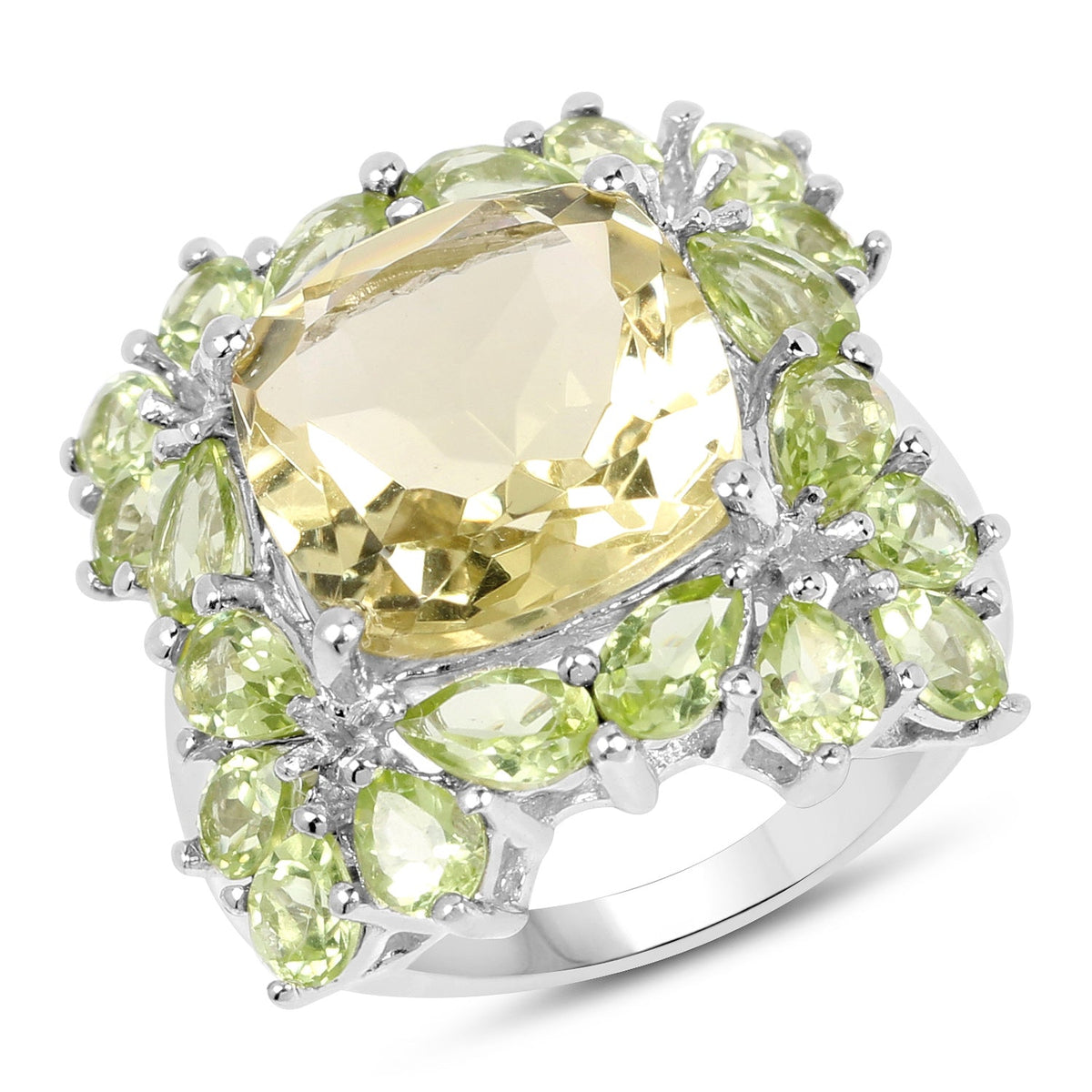 Anillo de plata de ley .925 con cuarzo limón y peridoto auténticos de 9.38 quilates
