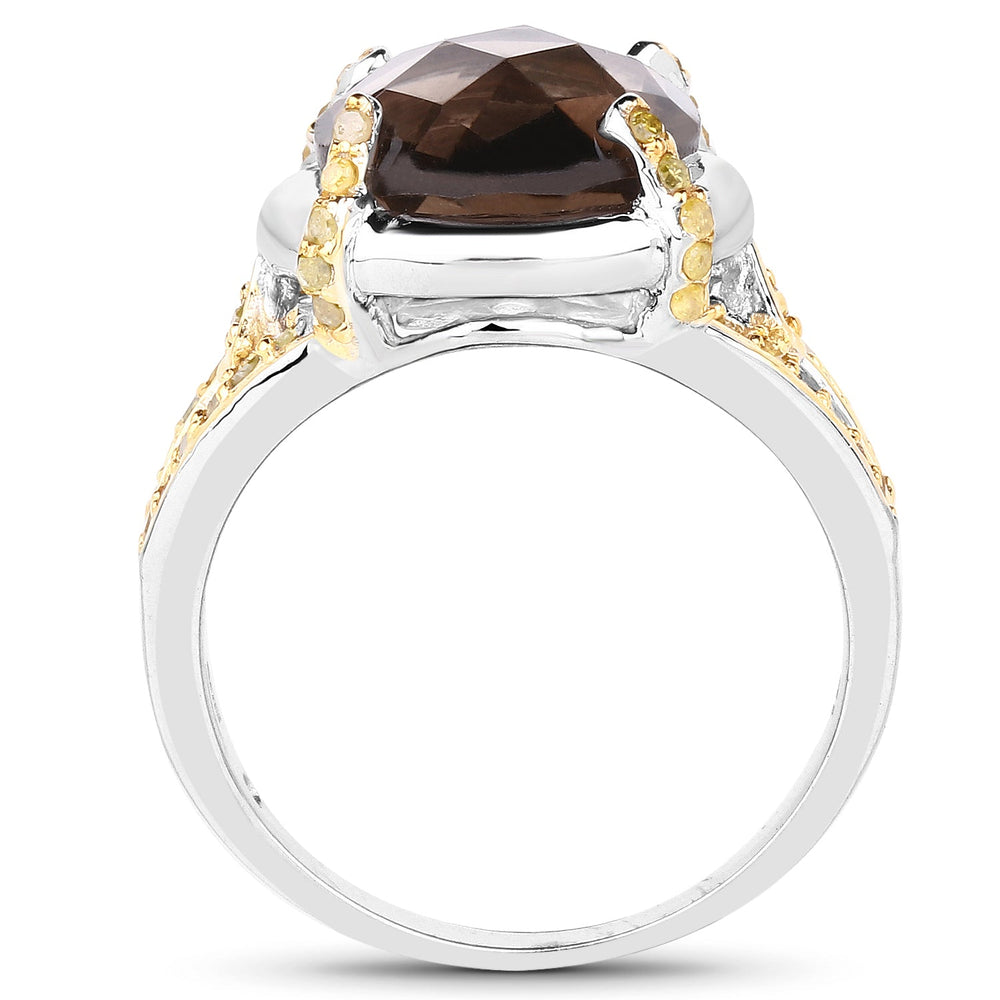 3.28 Carat Genuine Smoky Quartz and Yellow Diamond .925 Sterling Silver Ring