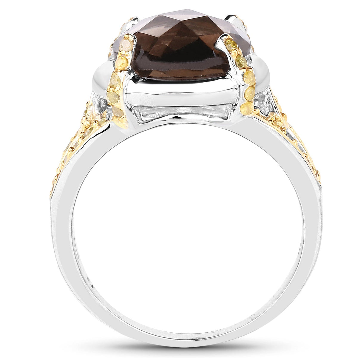 Anillo de plata de ley .925 con cuarzo ahumado genuino de 3.28 quilates y diamante amarillo