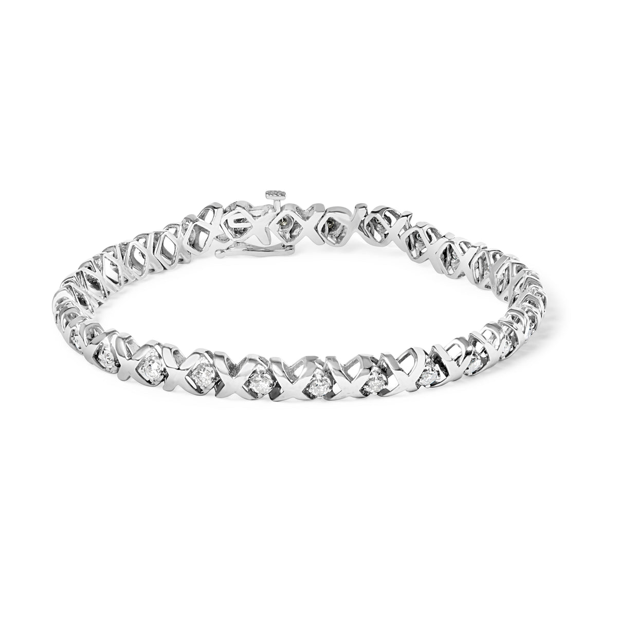 Pulsera de tenis de oro blanco de 10 quilates con diamantes de 1,5 quilates en alternancia de diamantes y eslabones en X de 19 cm (color H-I, claridad I2-I3)