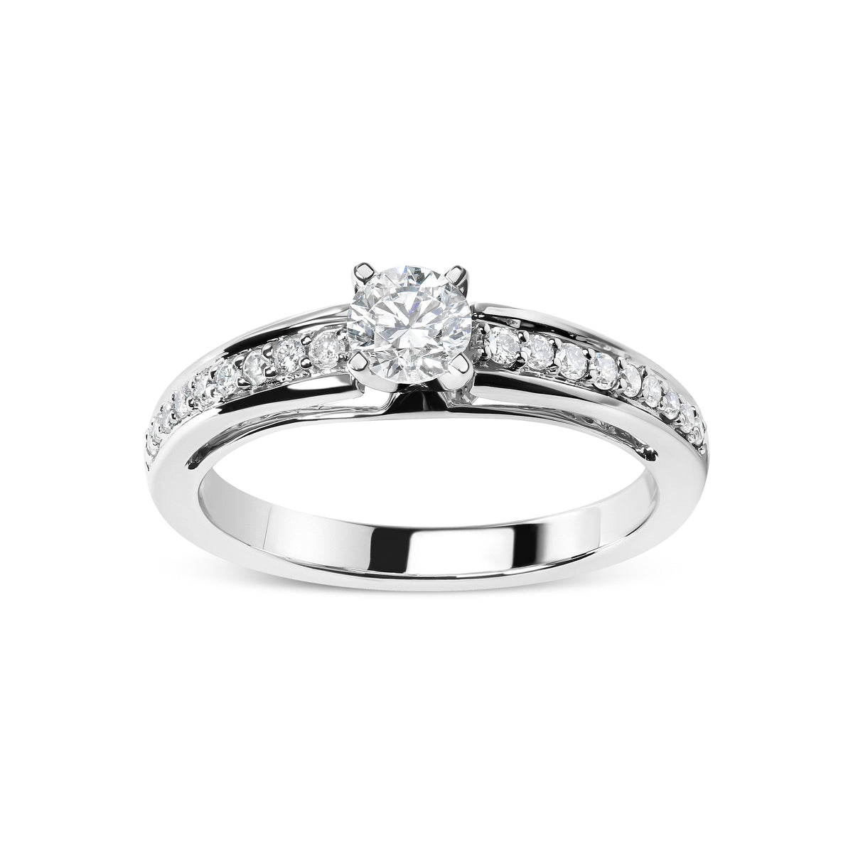 Anillo de compromiso solitario de oro blanco de 14 quilates con diamantes de 1/2 quilate engarzados en pavé (color G-H, claridad VS2-SI1) - Talla 7