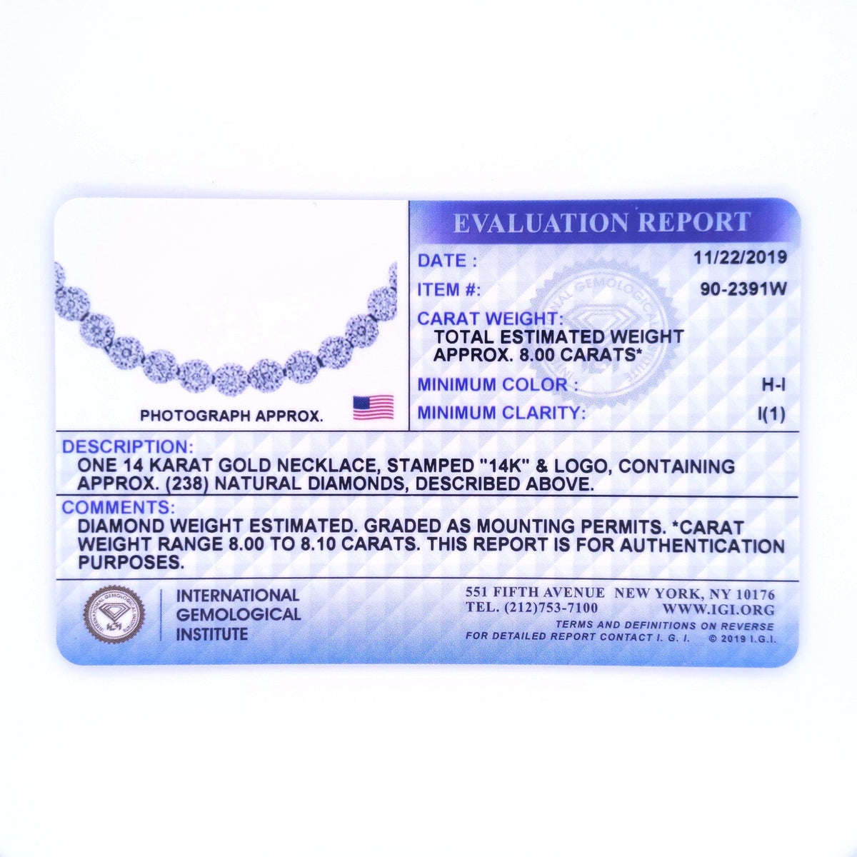 Collar llamativo Riviera Graduado de Oro Blanco de 14K con Diamantes Redondos Engastados en Pavé de 8.0 Cttw Certificado por IGI (Color H-I, Claridad I1)