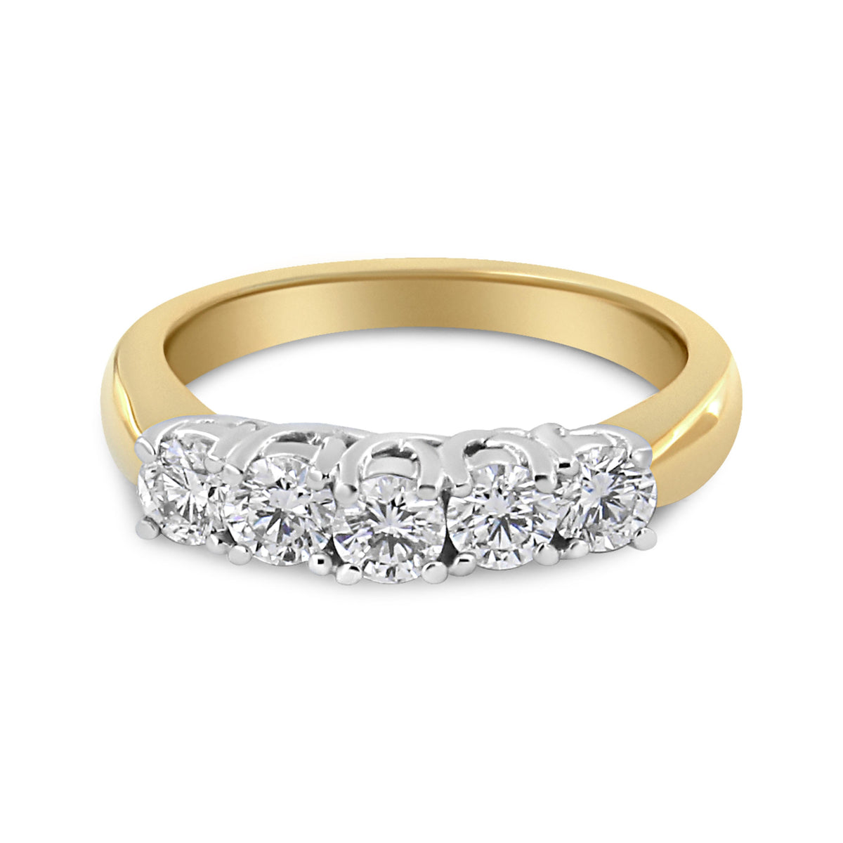 Anillo de banda de 5 piedras con diamante talla redonda de 1,0 quilates engastado con 4 puntas de oro amarillo de 18K (Color F-G, Claridad SI1-SI2) - Talla 6