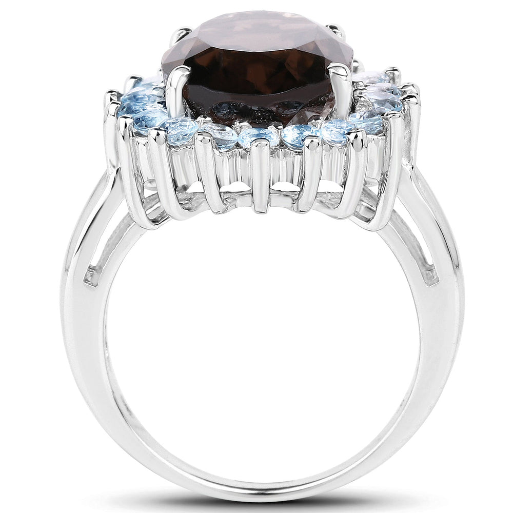 6.79 Carat Genuine Smoky Quartz & Blue Topaz .925 Sterling Silver Ring