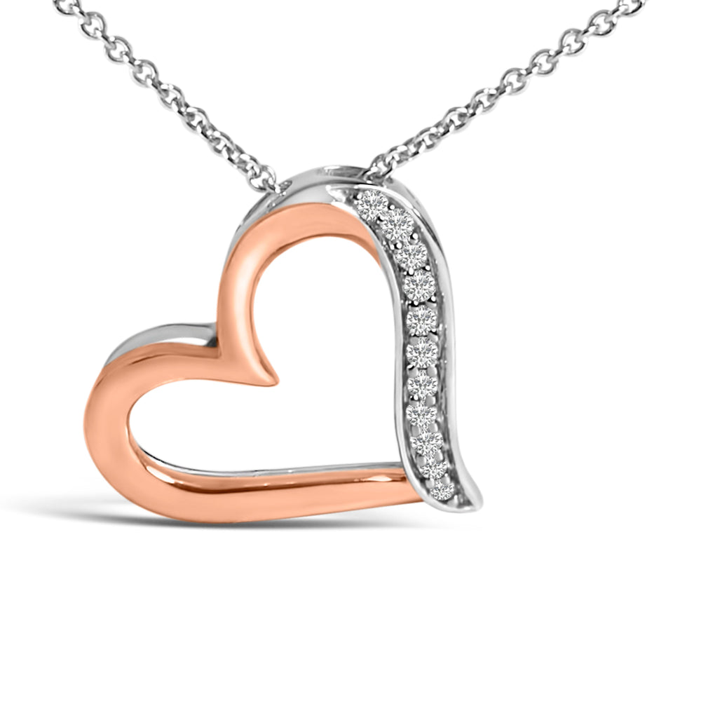 Collar con colgante de corazón abierto de plata de ley chapada en oro rosa de 14 quilates con diamantes de 0,10 quilates